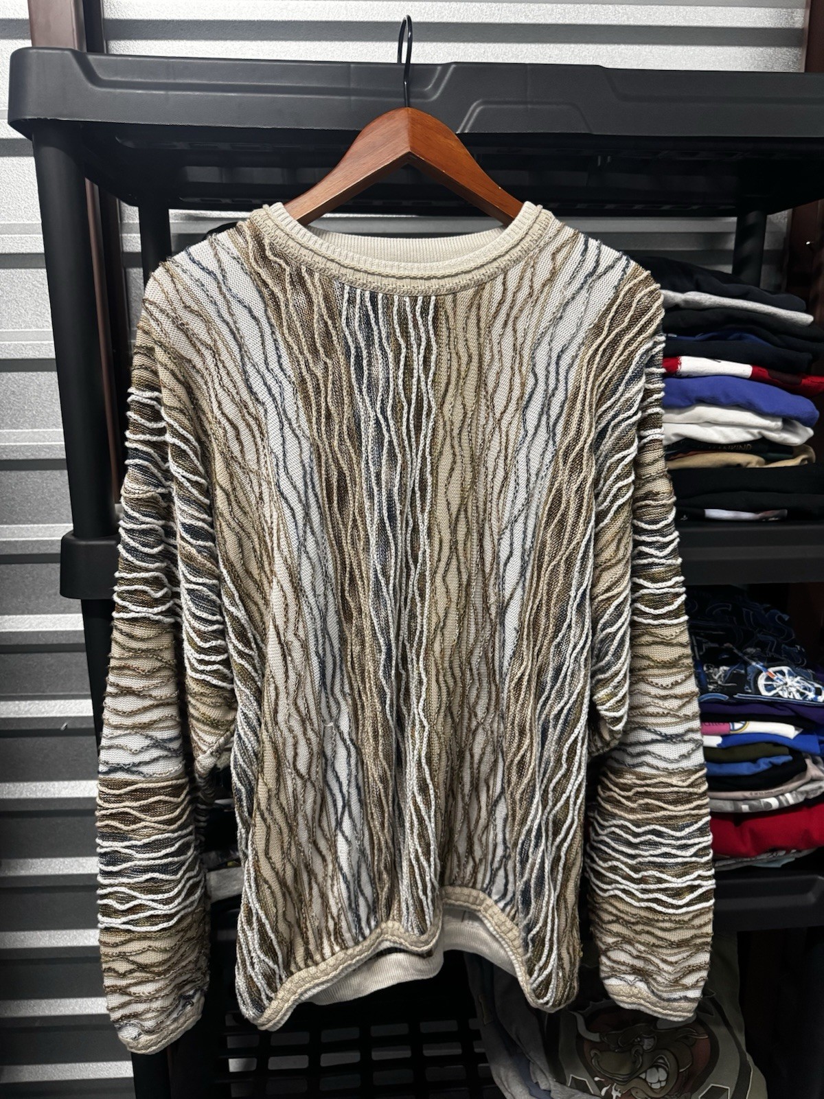 【秀逸デザイン】90sビンテージTUNDRAカナダ製3D立体編みニットXL Vintage 90s Tundra Canada 3D Knit Coogi Style Sweater - Gem