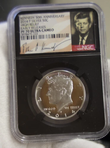 2014 P Kennedy Silver 50c High Relief NGC PF70 ER Signer Label