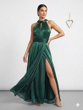 Xscape Hunter Green Halter Maxi Dress Metallic Shimmer High Slit Ruched Sz 10