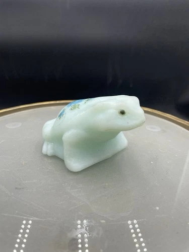 Vintage Fenton Blue Satin Glass Hand Painted Frog Figurine 3.5” Signed