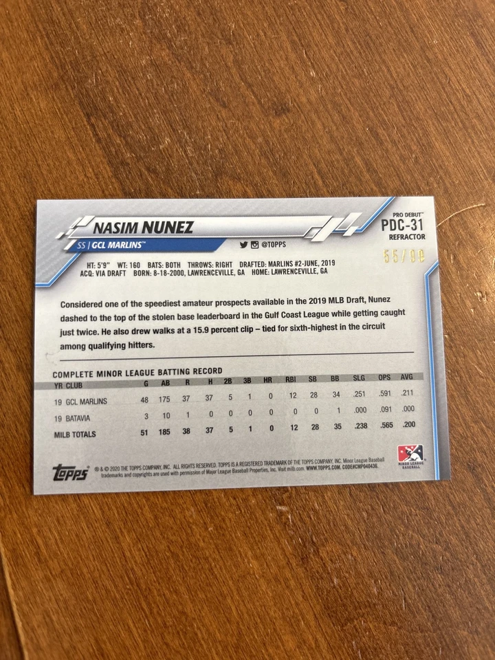 Nasim Nunez 2020 Topps Pro Debut Chrome Refractor PDC-31 Miami Marlins /99 - Image 2 of 2