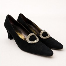 Vintage Salvatore Ferragamo Pilgrim Black Suede Block Heel Pump Buckle 8AA Italy