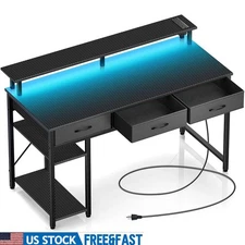 Multifunctional Gaming Desk W/ LED Power Outlet Storage Drawers Home Office New