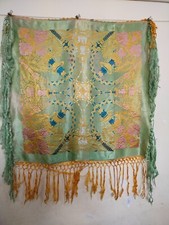 vintage beautiful Mahal WWII silk piano shawl brocade woven fringes scarf it1419