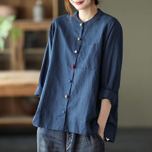 Spring Retro Women Cotton Linen Blouse Loose Casual Tunic Tops T-Shirt
