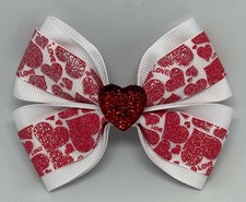 Hair Bow 4" Wide Sparkly Red Heart Ribbon French Barrette, Clip or Ponytail