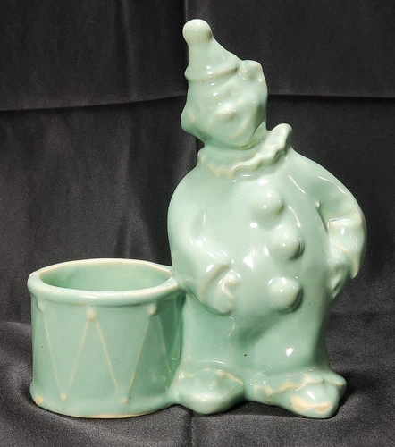 McCoy Vintage Green Circus Clown Wearing Hat with Drum Planter Kitschy
