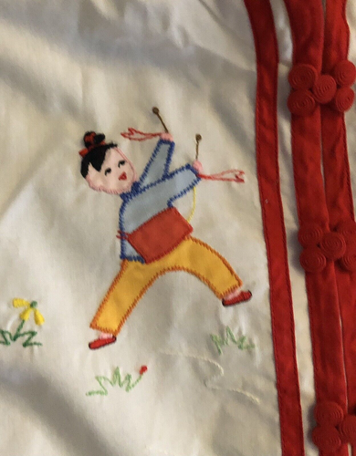 VTG Plum Blossoms Embroidered Chinese Asian Top & Pants White & Red UNISEX SZ 2 - Picture 3 of 11