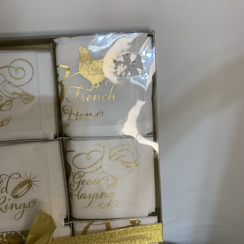 Gift Boxed Set of 12 DAYS OF CHRISTMAS LINEN NAPKINS w/Gold Lettering White NEW - Picture 4 of 5