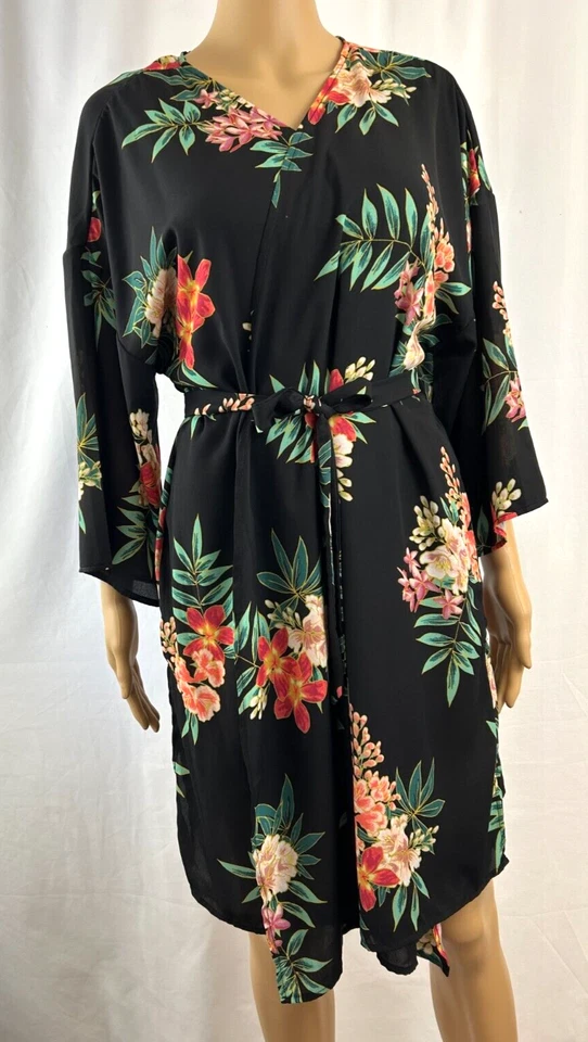Bata kimono Isabella Rose para mujer, hasta la rodilla negra/corbata floral/elástica talla única Foto 3 de 4