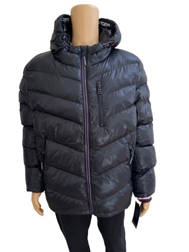 DESIGNER TH TOMMY HILFIGER MEN WINTER QUILTED PUFFER HOODED BLACK JACKET LARGE L