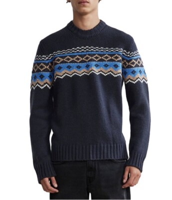 NN07 Men s Stein Crewneck Sweater Knit Blue Fair Isle Size Small