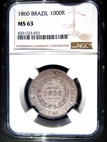 1860 Brazil 1000 Reis, NGC MS 63, 072