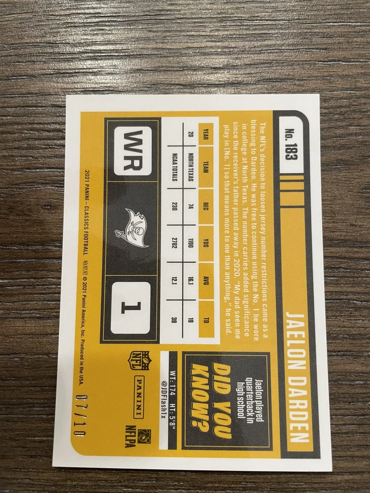 2021 Panini Classics #183 Jaelon Darden Premium Edition Orange #/10 - Image 2 of 2