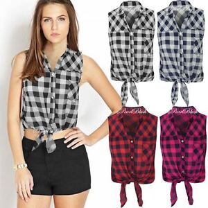 sleeveless checked shirt womens