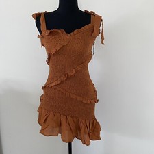 Astr The Label NWT Women’s Smocked Ruffle Strappy Ties Mini Dress Brown Size S