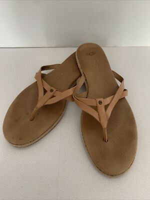 UGG Women's Annice Flip Flop Sandals Thongs Tan Leather Sz 11 EUC No Wear 