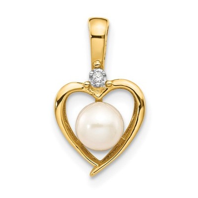 14k Yellow Gold 5.5mm June/Freshwater Cultured Pearl and Diamond Heart Pendant