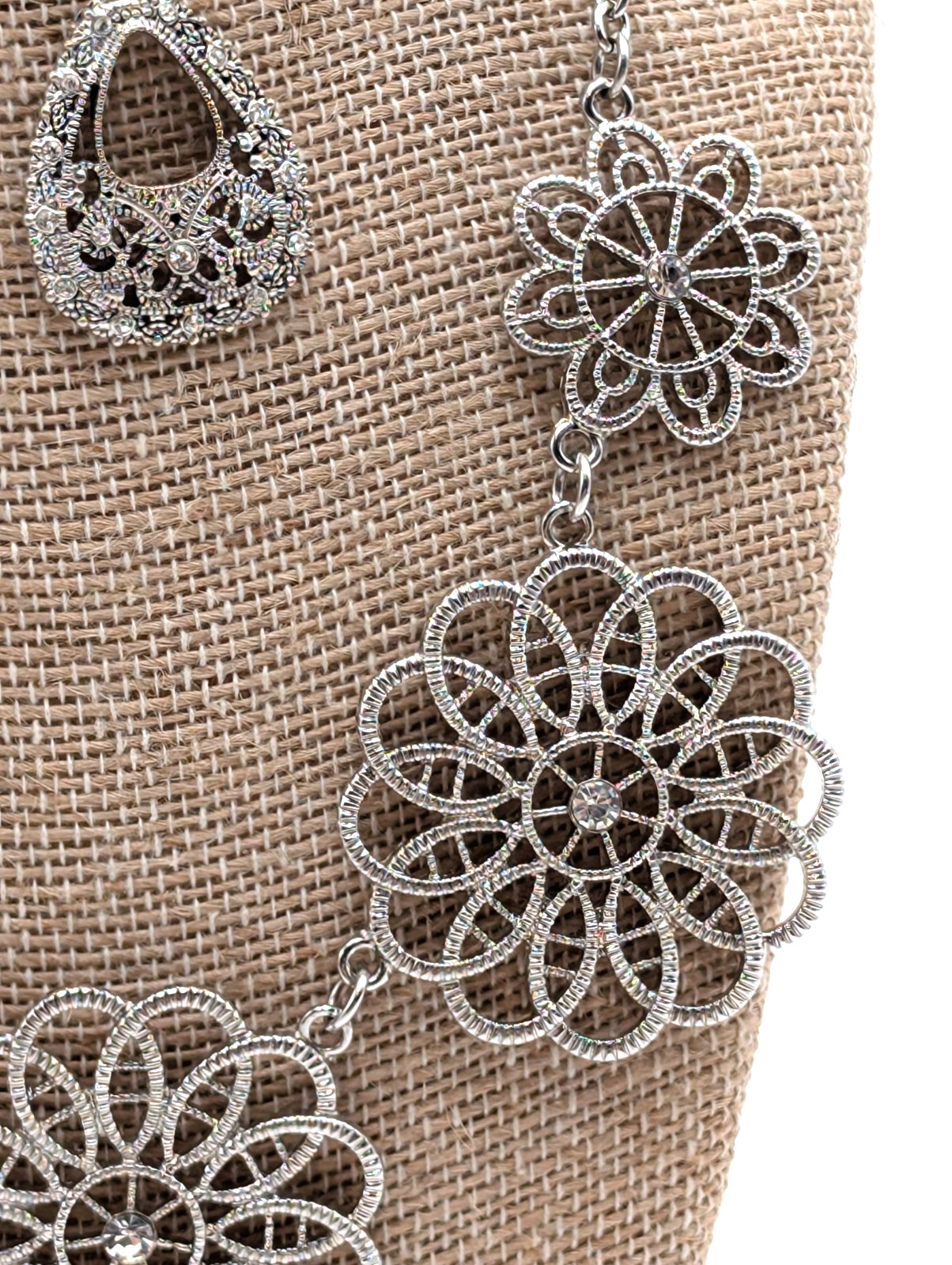 Flower Shaped Silver Tone Statement Necklace with… - image 3