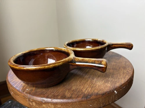 2 Vtg USA Brown Drip Handled Soup Bowls Maple Leaf Monmouth Western Stoneware