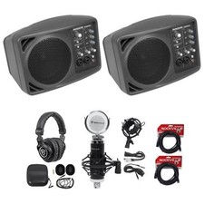  2 Mackie SRM150 Powered PA Monitor Speakers Headphones Studio Mic XLR Cables