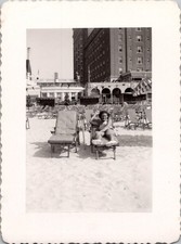 Vtg 1940s Black White Photo Woman in Swimsuit on Beach Resort Hotel Deckled