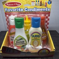 MELISSA DOUG FOOD PLAY 5 CONDIMENTS SQUIRT BBQ RANCH MAYO KETCHUP MENU NEW