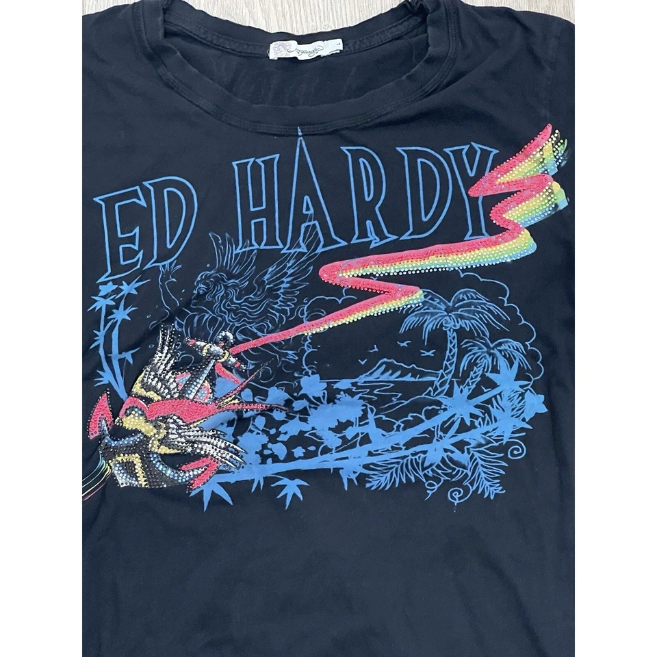 Винтажная Редкая Футболка Ed Hardy Sick Bedazzled Design Bird Art Y2K Женский Размер Large - Изображение 3 из 4