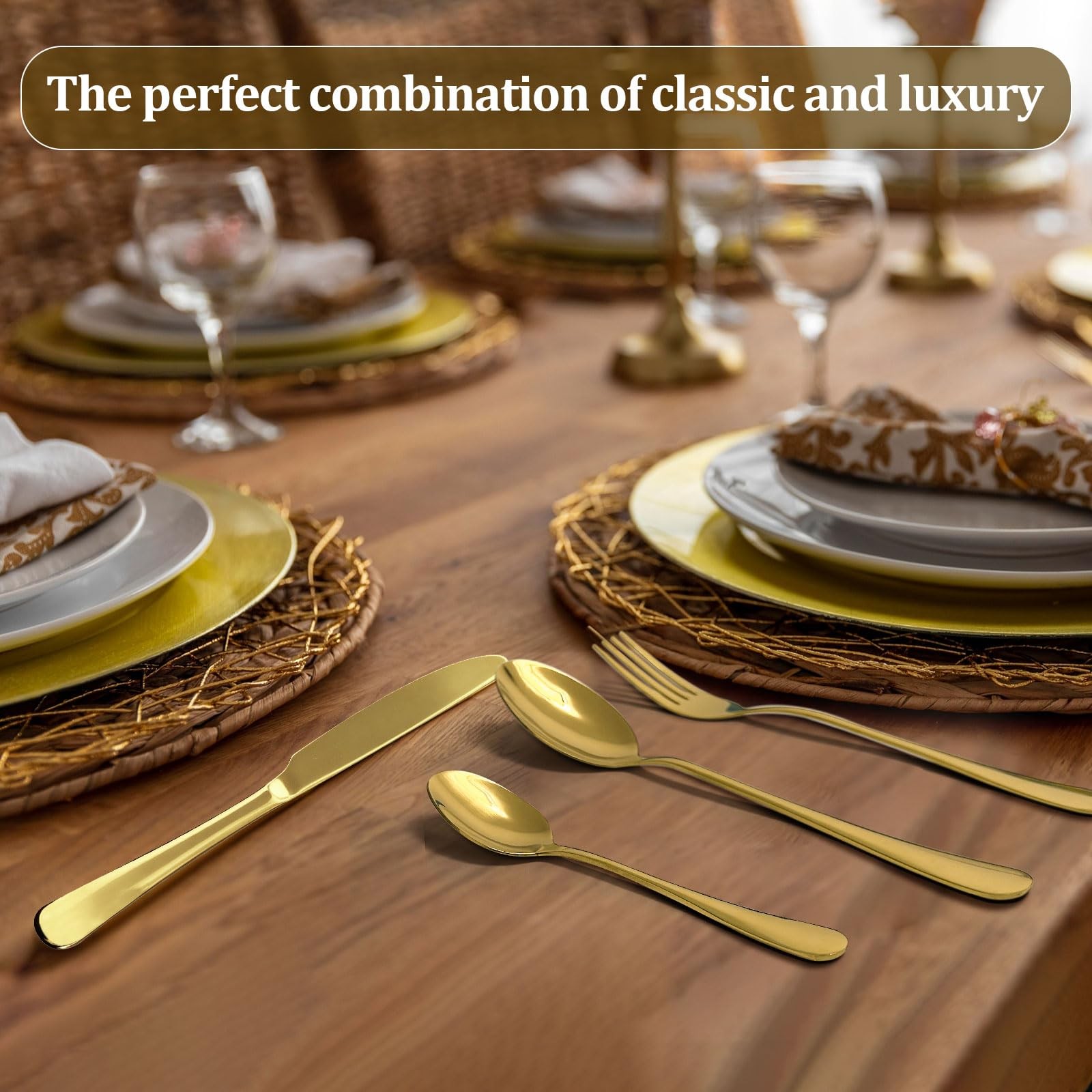 Gold Silverware Set, Stainless Steel Flatware Set Service for 6, Kitchen Cutl...