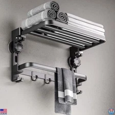 20" Matte Black Towel Rack, Suction Cup, Foldable Shelf & 7 Hooks, Rustproof