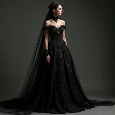 Black Gothic Wedding Dress Off-Shoulder A-Line Vintage Bridal Gown Lace Applique