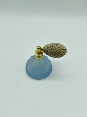 Vintage Frosted Blue Glass Perfume Atomizer Bottle Ribbed Design Gold Tone Top