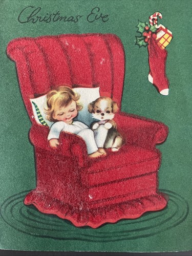 Kleines Kind Mädchen schlafender Welpe roter Samt Stuhl Vintage Heiligabend Karte unsigniert
