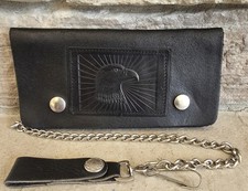 Leather Eagle Wallet With Chain Black 8x3.5 in - 17 in Chain - Snaps
