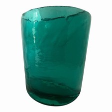 Vintage Thick Blown Glass Vase Teal Color Flat Back 5.5 Tall