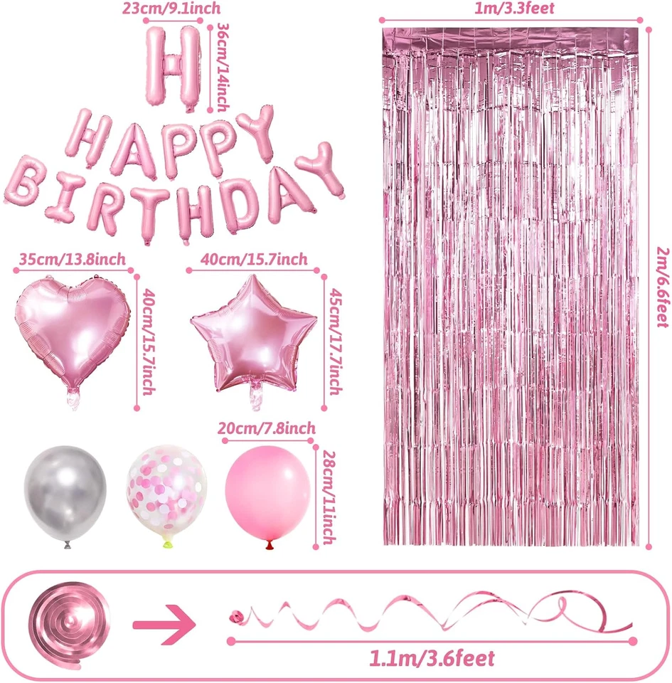 Decoraciones de cumpleaños rosa pancarta globos confeti flecos cortina corazón lámina Foto 3 de 4