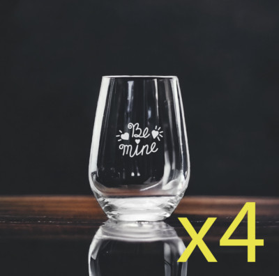 Be Mine Stemless Wine Glasses x4 Premium 15 Oz Personalize Hearts Love Gift NEW
