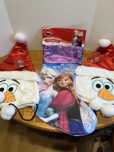 Disney Frozen Elsa Anna Christmas Stocking 16” & Two (2) Olaf Santa Hats NEW - Picture 1 of 7