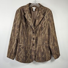 Chico's Size 2 Women Brown Textured Animal Snake Print 3 Button Blazer 43" Chest