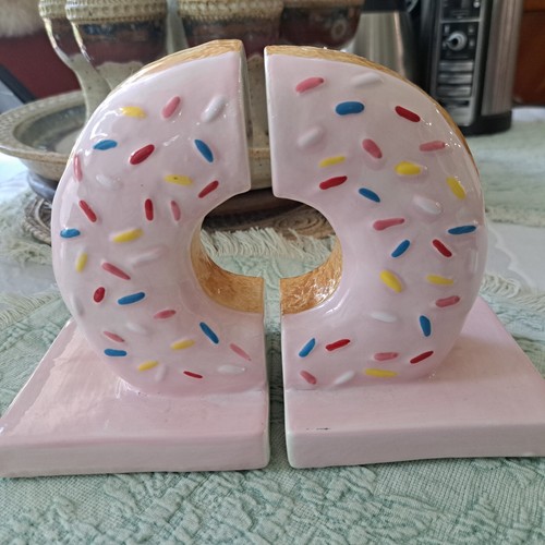 Pink Sprinkle Donut Bookends Doughnut Jimmies Ceramic Kawaii Cute Pair Bookends