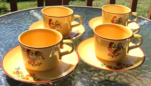 Set of 4 Cups & Saucers Vtg Taylor Smith Reveille Rooster Coffee Mugs Yellow MCM