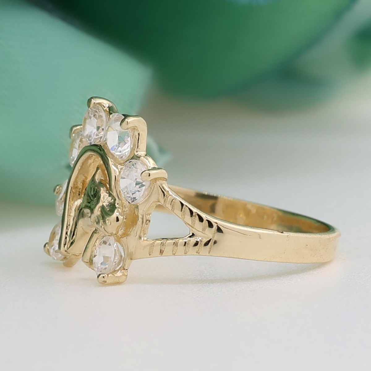 Equestrian Horseshoe Head Ring 10K Yellow Gold Cubic