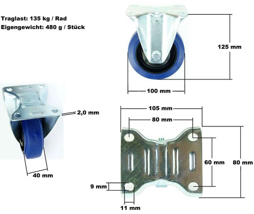 8 x 100 mm Schwerlast Bockrollen SL Lenkrollen Blue Wheels Transportrollen ECO - Bild 2 von 10