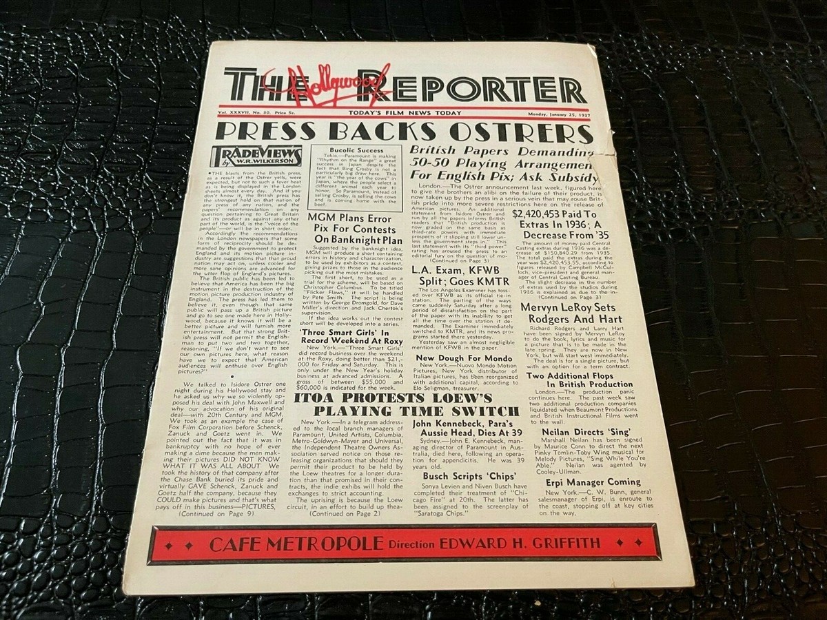 JANUARY 25 1937 HOLLYWOOD REPORTER vintage movie magazine PRESS BACKS  OSTRERS | eBay