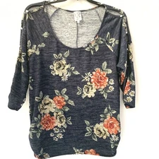 Naif Boho Top Blouse 2X Navy Floral Knit Open Sleeves Scoop Neckline