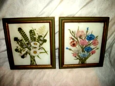 Hollywood Regency Floral Oil Painting On White Glass Pr Great Detail Mid Century