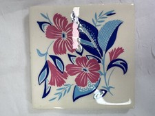 Vtg 6" Floral Tile from Mosaic Tile Co. Blue Pink Cream Made in USA MCM