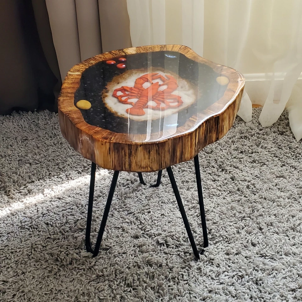 Mesa auxiliar borde vivo, mesa auxiliar borde natural, langosta, mosaico de madera Foto 4 de 4