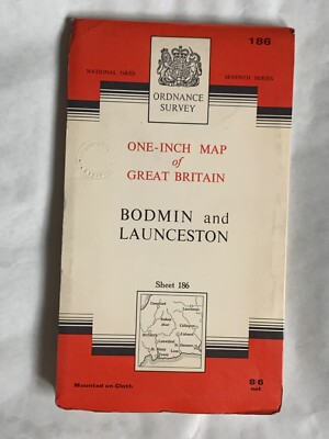 OS Ordnance Survey One Inch Cloth Map, of Bodmin, Sheet 186, 1967, ex Lib