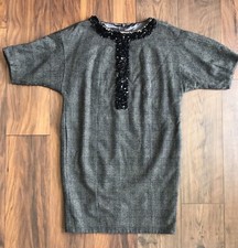 Nine West Black Sequin Detailed Metal Bead Grey Checked Print Tunic Dress Sz 10